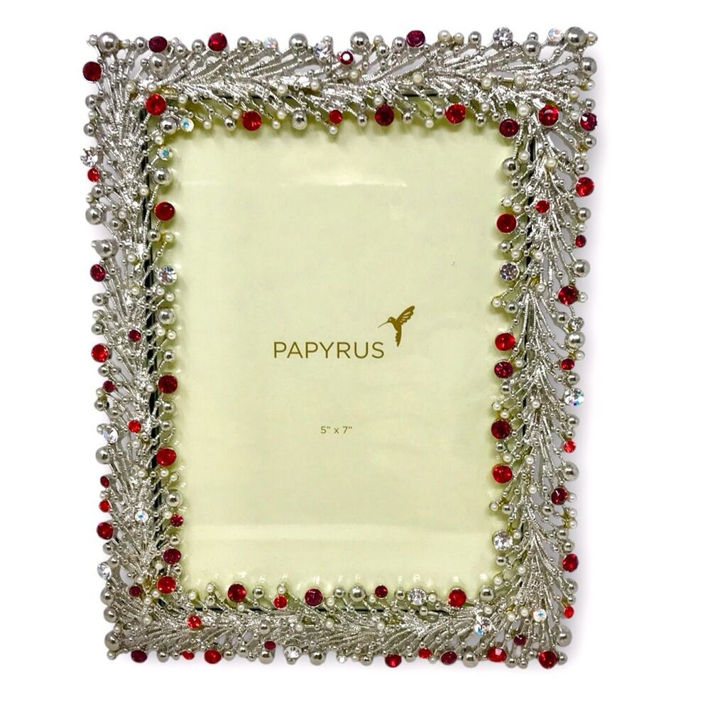 Papyrus NWT Photo Frame 5x7 Silver and Fuchsia Red White & Faux Pearl Gemstone - Picture 7 of 7